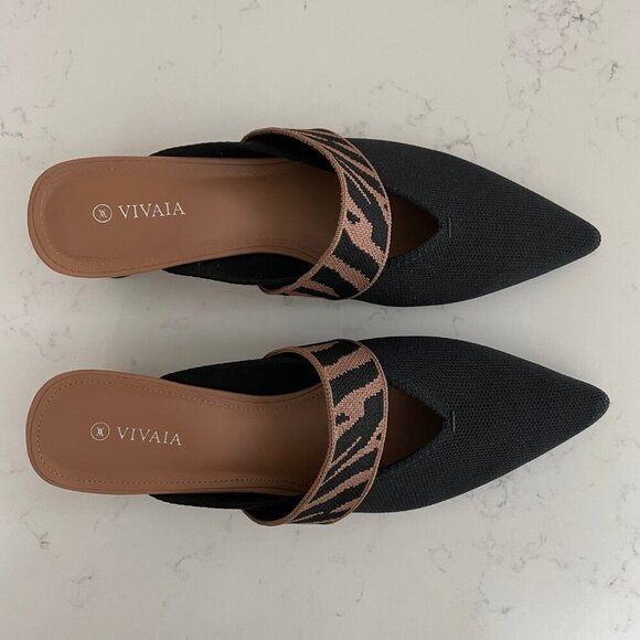 Vivaia Pointed-Toe Heeled Mules 3D Knit Upper Solid Black w Animal Print Sz 40 - Picture 2 of 10